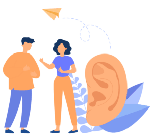 Illustrated man and woman talking with giant ear to the side