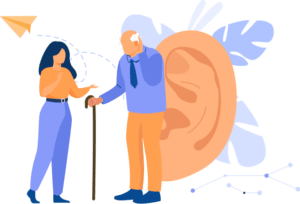 Illusrated woman talking to an elderly man having a hard time hearing her
